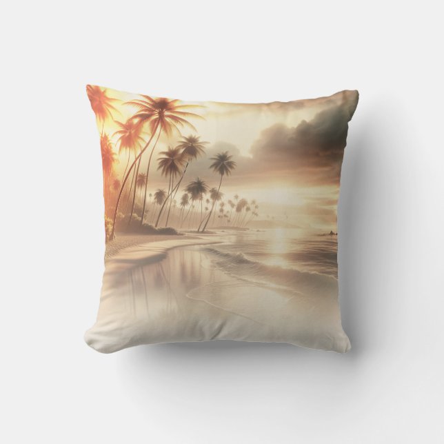 Coussin Palmiers & Plage au coucher du soleil orange  (Recto)