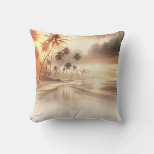 Coussin Palmiers & Plage de coucher de soleil orange