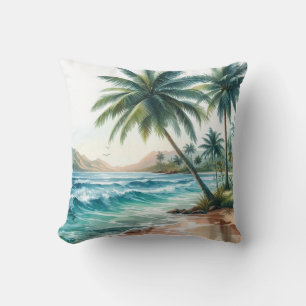 Coussin Palmiers Plage tropicale Océan Vagues Soleil