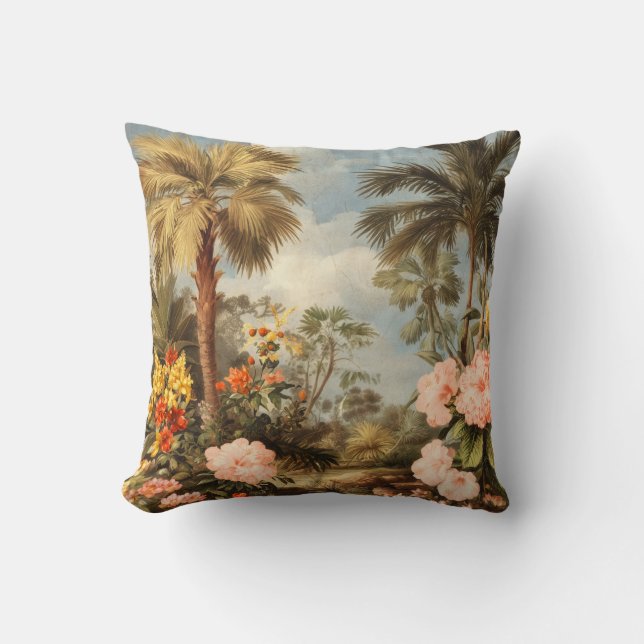 Coussin Palmiers Tropicaux Botaniques Vintage (Recto)