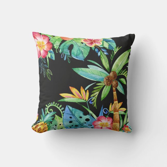 Coussin Palmiers tropicaux et aquarelle florale Noir (Recto)