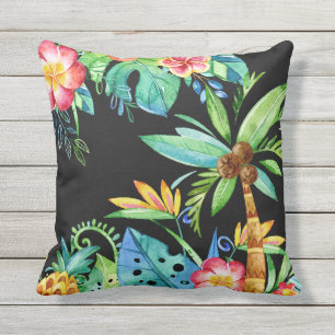 Coussin Palmiers tropicaux et aquarelle florale Noir