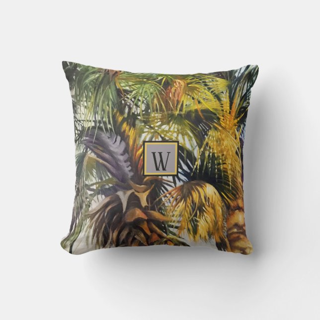 Coussin Palmiers tropicaux Peinture originale à Monogramme (Recto)