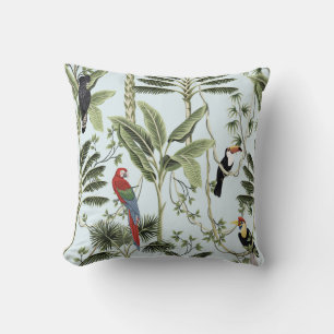 Coussin palmiers vintages tropicaux, liana, perroquet maca
