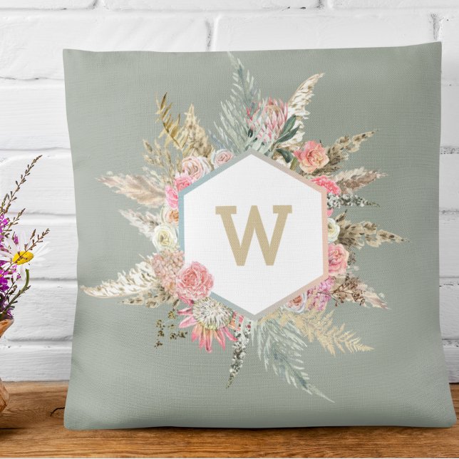 Coussin Pampas Boho Grass Floral Monogramme Cadre (Créateur téléchargé)