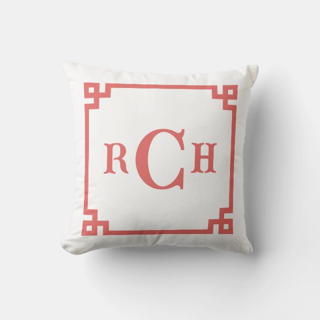 Coussin Pamplemousse Rouge Chinoiserie Grec Clé Monogramme (Recto)
