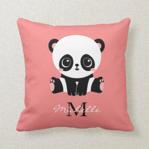 Coussin Panda à assise mignonne Monogramme Saumon personna