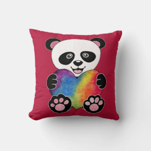 Coussin Panda Aquarelle Cute Avec Coeur Arc En Ciel