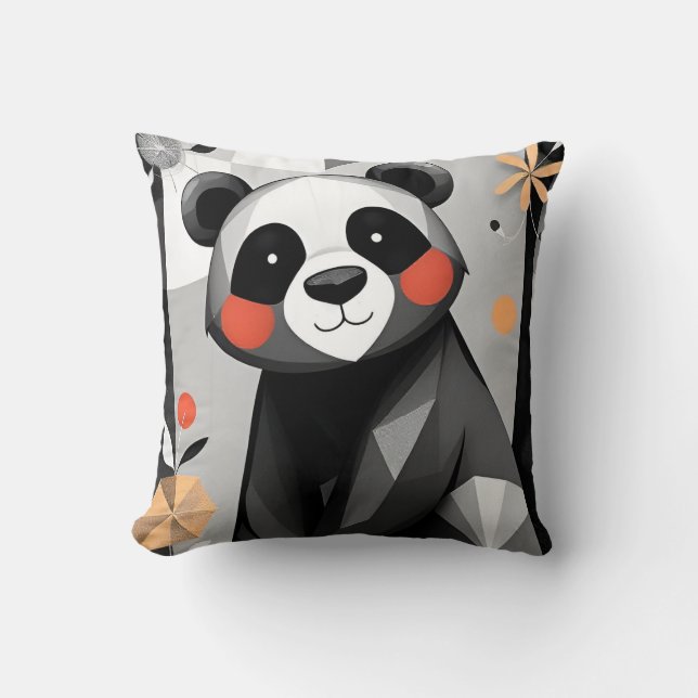 Coussin Panda avec style géométrique et floral ludique (Recto)