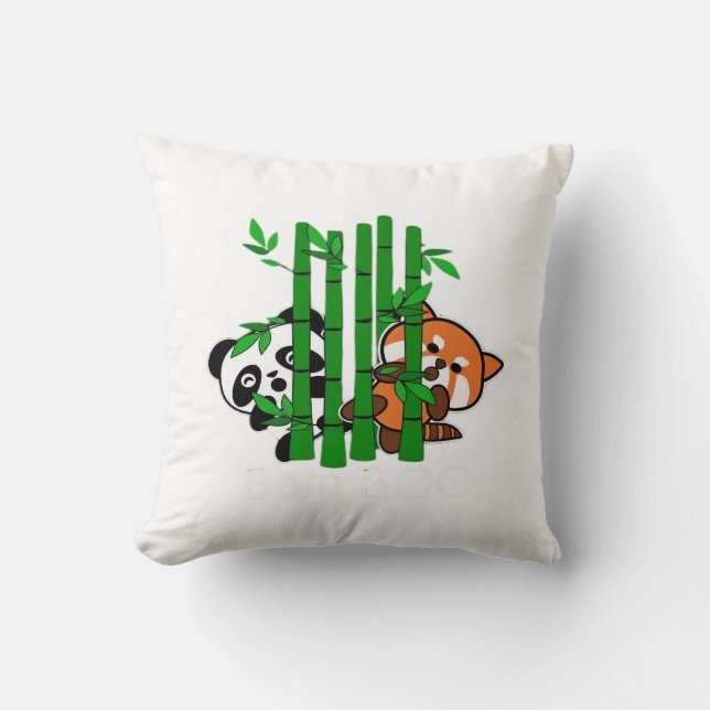 Coussin Panda Bébé Cute Kawaii Et Panda Rouge Bamboo Peeka (Recto)