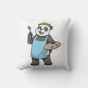 Coussin Panda en peintre avec pinceau et couleur
