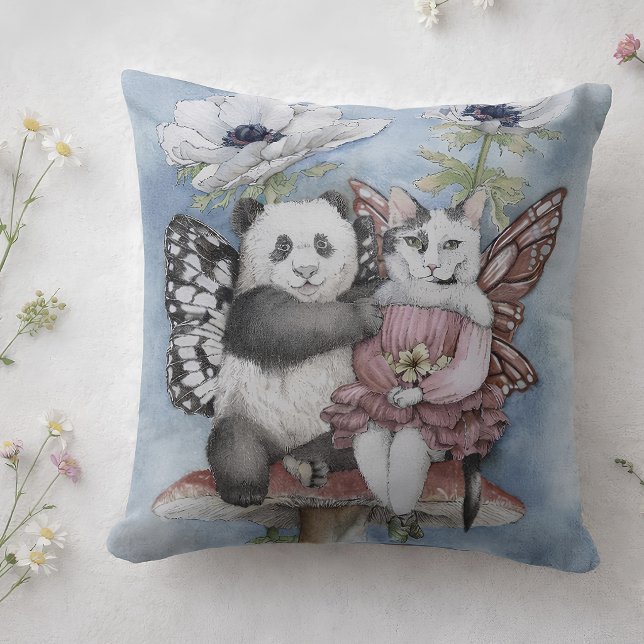 Coussin Panda et chat fée amis avec des fleurs d'anémone (Créateur téléchargé)