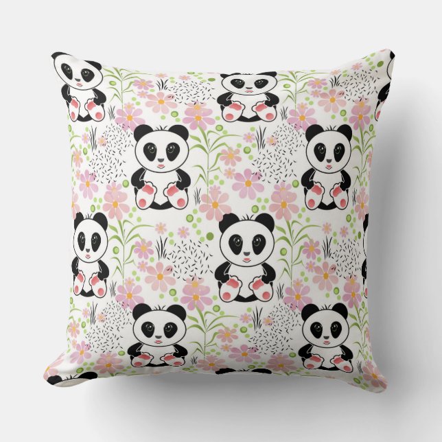 Coussin Panda fleurs, roses, pour enfants, (Recto)