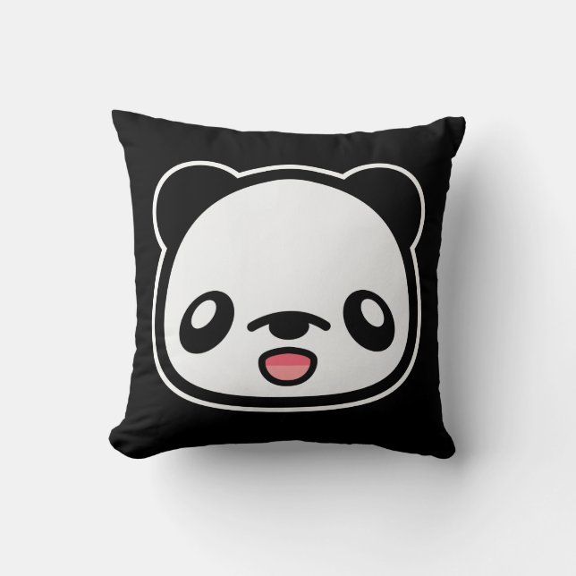 Coussin Panda heureux Kawaii sur fond noir (Recto)