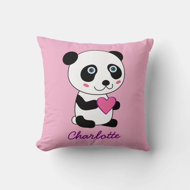 Coussin Panda mignonne avec un coeur rose Nom personnalisé (Recto)