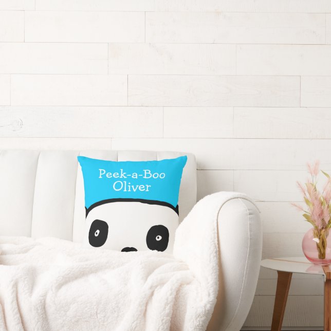 Coussin Panda Peek-a-Boo Nom personnalisé Bleu (Canapé)