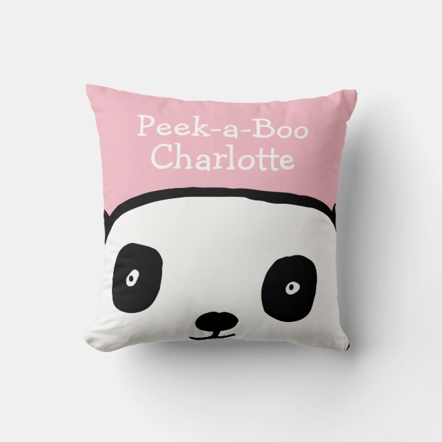Coussin Panda Peek-a-Boo Nom Personnalisé Rose (Recto)
