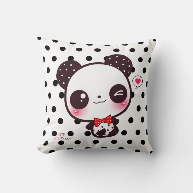 Coussin Panda personnalisé de Kawaii sur le pois noir (Recto)