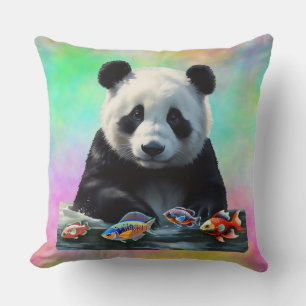 Coussin Panda regarde un groupe de poissons colorés nagean