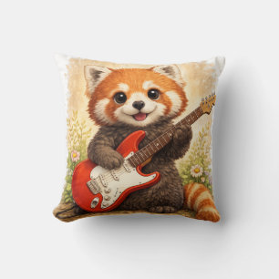 Coussin Panda Rouge Mignon Jouant de la Guitare Kawaii Ani