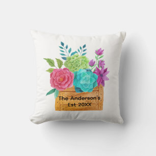 Coussin Panier aquarelle floral rose bleu vert violet 