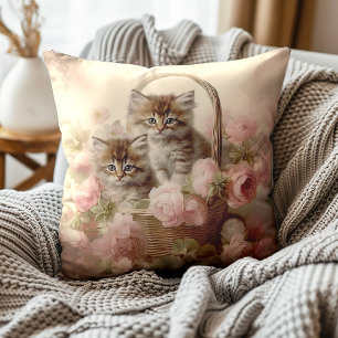 Coussin Panier de chatons vintages rose peinture florale