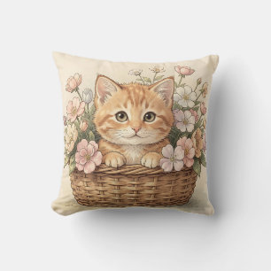 Coussin Panier de fleurs avec un adorable chaton roux