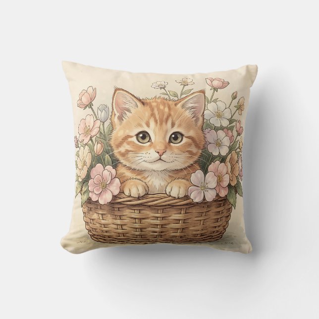 Coussin Panier de fleurs avec un adorable chaton roux (Recto)