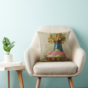 Coussin Panier de Pâques Œufs Fleurs Antique