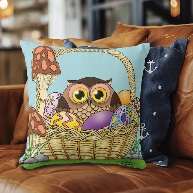 Coussin Panier de Pâques Pastel Mignon Hibou Œufs Champign (Créateur téléchargé)