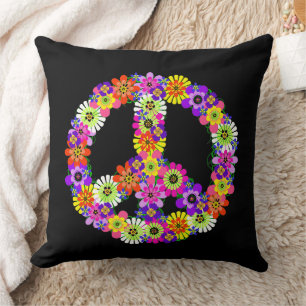 Coussin Panneau de paix Floral en noir