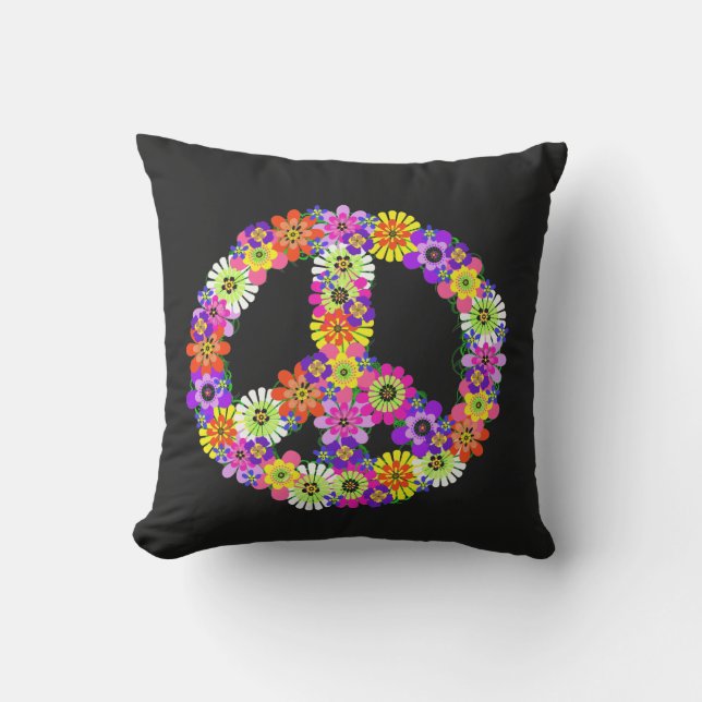 Coussin Panneau de paix Floral sur noir (Recto)
