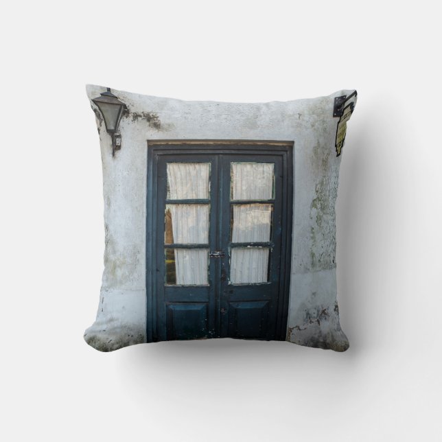 COUSSIN PANNEAU DE PORTE EN BOIS BLEU DANS BÂTIMENT BLANC (Recto)