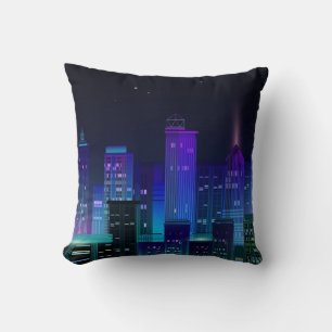 Coussin Panorama de la ville de nuit avec lumière néon sur