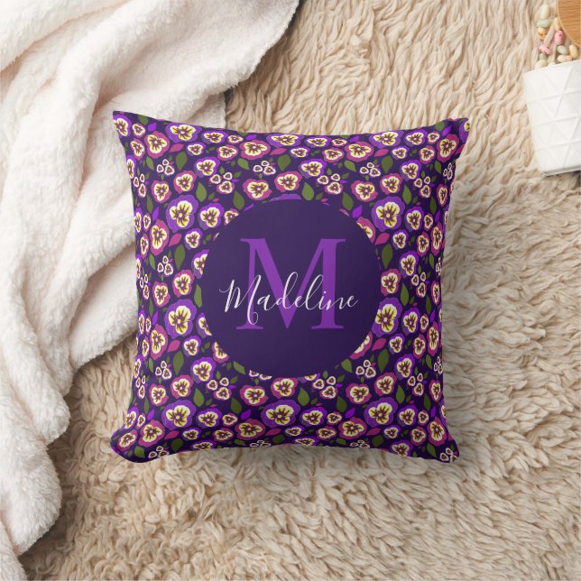 Coussin Pansies florales de fille Motif violet Monogramme (Couverture)