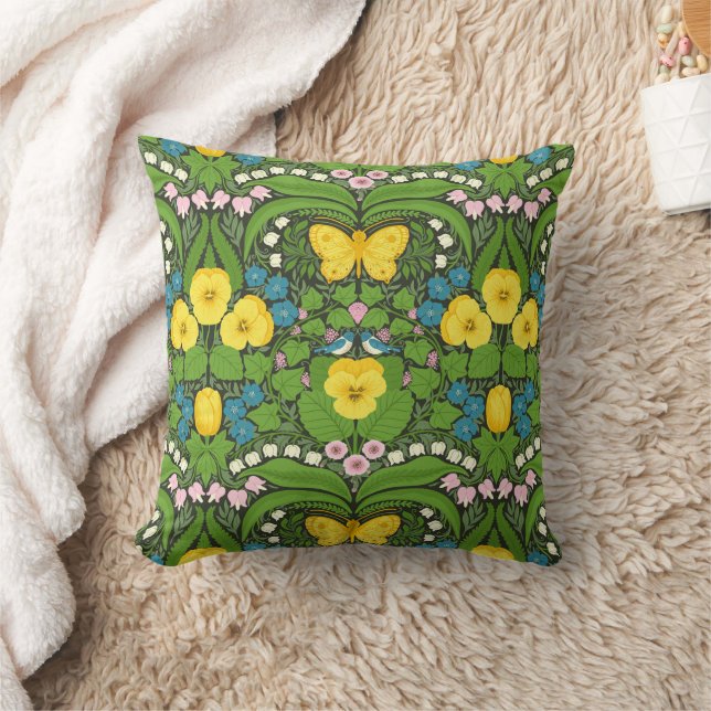 Coussin Pansies jaunes, oiseaux et papillons (Couverture)