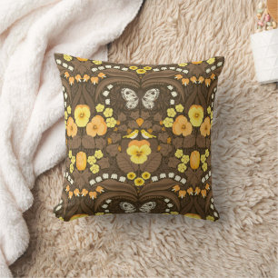 Coussin Pansies jaunes, oiseaux et papillons