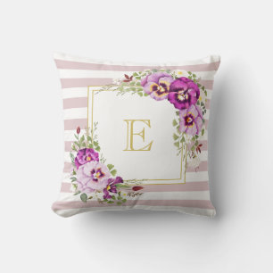 Coussin Pansies Vintages florales Monogrammes Rayures viol