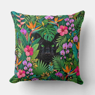 Coussin Panthère noire Fleurs de jungle et feuillage tropi