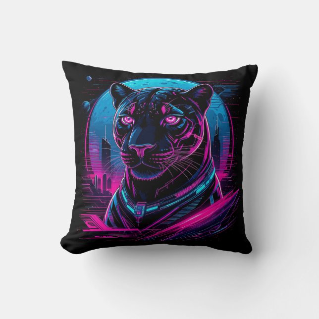 Coussin Panthère noire néon Cyberpunk (Recto)