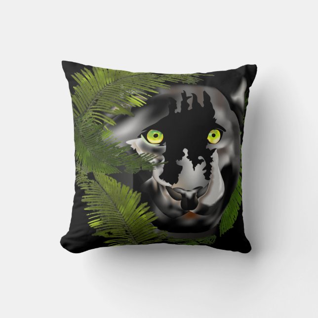 Coussin Panthère noire regardant à travers le feuillage (Recto)