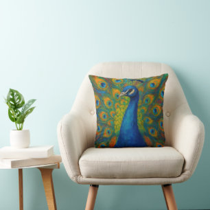 Coussin Paon à l'aquarelle