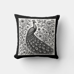 Coussin Paon Art Nouveau noir et blanc élégant