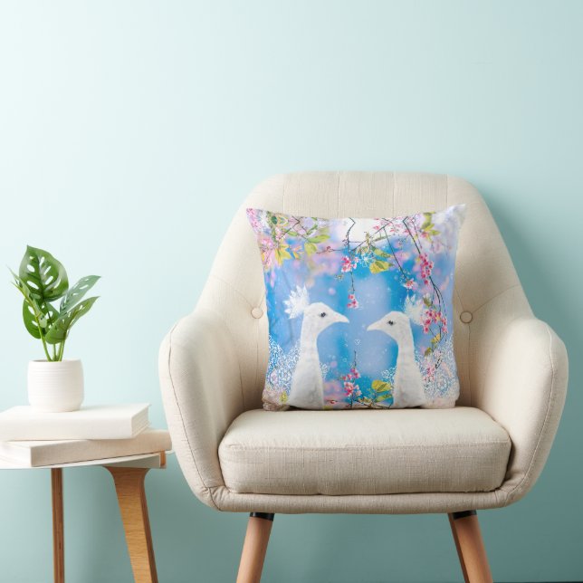 Coussin Paon blanc et sakura fleuri / Amour romantique (Chaise)