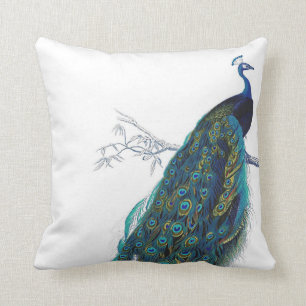 Coussin Paon bleu avec de belles plumes de queue