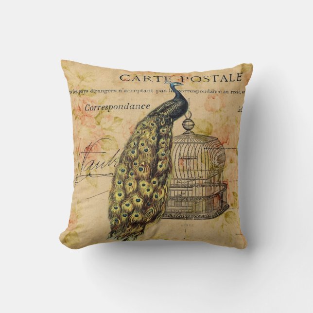 Coussin paon botanique français de cru de nouveau d'art (Recto)