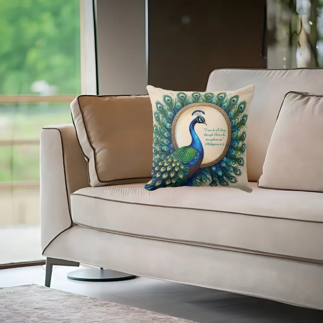 Coussin Paon céleste en fleurs, verset de la Bible (Créateur téléchargé)
