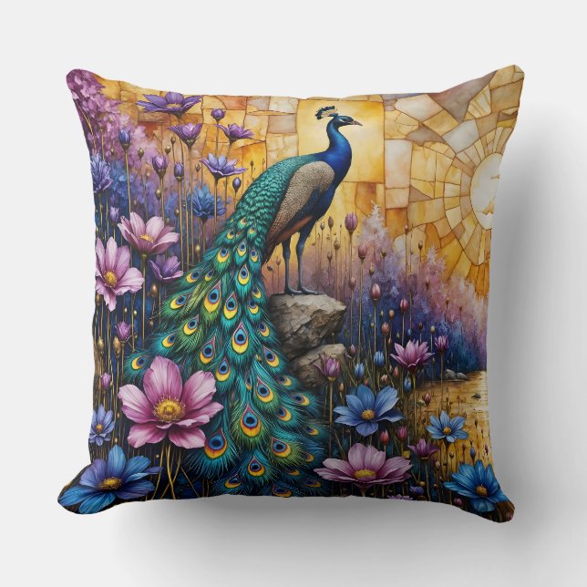Coussin Paon dans un paysage floral (Recto)