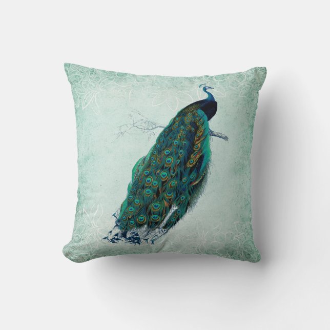 Coussin Paon de style vintage vert et blanc (Recto)