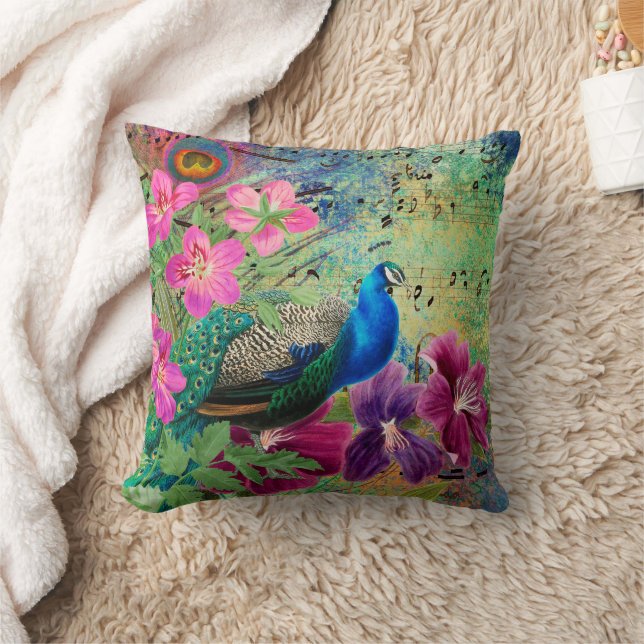 Coussin Paon Élégant Fleurs Bleues Roses Vertes (Couverture)